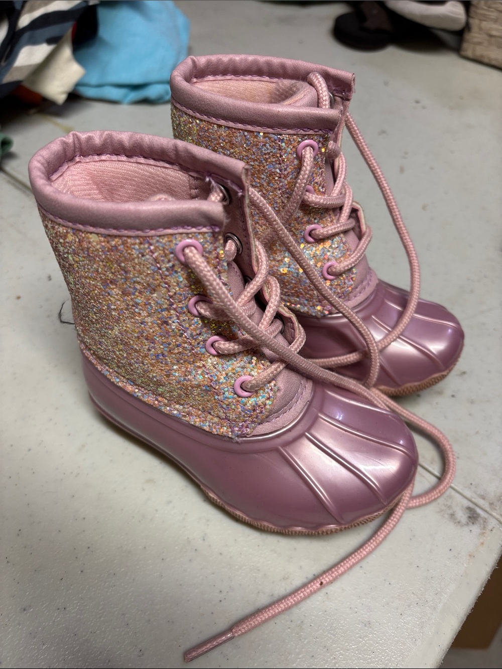 Kids Pink Glitter Waterproof Lace-Up Duck Boots